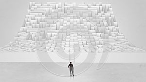 Small man standing in front of an infinity maze