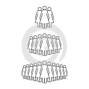 Small, medium and large group of women. Female people crowd line icon. Vector illustration