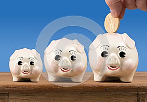 Small medium and large piggy banks on shelf