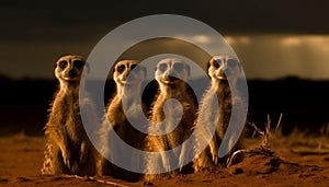 Small meerkat family standing alert, watching wilderness dusk generated by AI