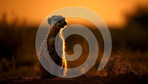 Small meerkat watching sunset, alertness in focus generated by AI