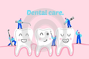Small men treat, clean big teeth dental insturment. Dentistry work concept. Dental care