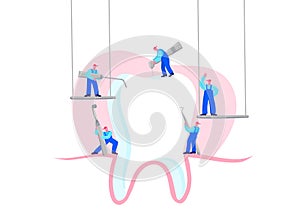 Small men treat, clean big tooth dental insturment. Dentistry work concept. Handdraw vector illustration