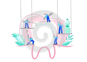 Small men treat, clean big tooth dental insturment. Dentistry work concept. Handdraw vector illustration