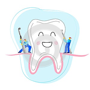 Small men treat, clean big tooth dental insturment. Dentistry work concept. Handdraw vector illustration