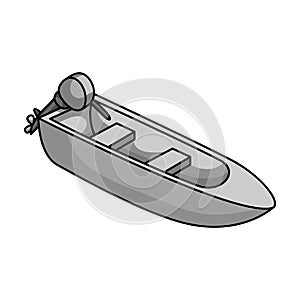 Small metal boat with motor for fishing.Boat for river or lake fishing.Ship and water transport single icon in