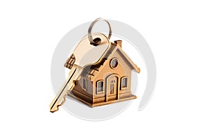 Small metal house and a key isolated on white background
