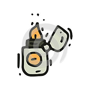 Small metal lighter in doodle style. Tourist equipment. Traveler object for camping, hiking and survival. Vector icon