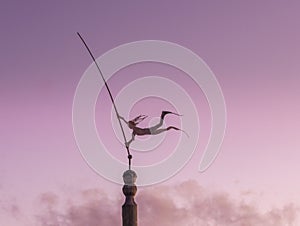 Small metallic sculpture of a person holding onto a pole, illuminated by the beautiful purple sunset