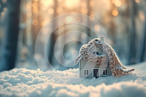 A small miniature house with a scarf in the winter forest. Concept of heating season. Thermal insulation of a building or dwelling