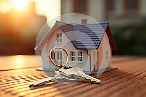 Small model house with keys on a wooden table with a blurred background of the sunset.