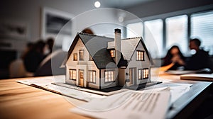 Small Model House Resting on Real Estate Documents As Buyers Discuss Their Agreement - Generative AI