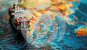 A small model of a ship is on a map of the ocean by AI generated image