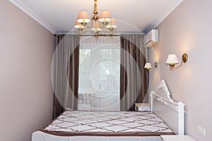 Small modern bedroom interior. Pastel colors, interior design.