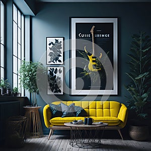 Small Modern Bright Colors Living Room Interior, Cozy Classic Couch, Hanging Poster Frame Art On wall, Window soft Light, Green