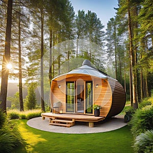 Small modern and elegant barrell wooden cabin tiny house and garden with two sun luxury glamping