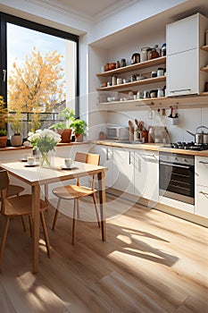 A small modern kitchen in white colors with white cabinets and wooden worktops