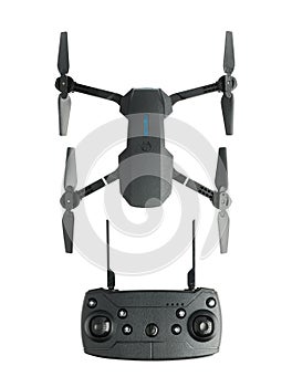 Small modern quad-engine drone with radio controlled remote control insulated on white background, top view