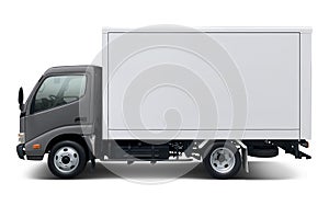 Small modern Toyota Dyna delivery truck with gray cab and white box body.