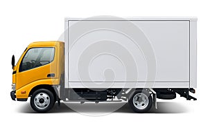 Small modern Toyota Dyna delivery truck with yellow cab and white box body.