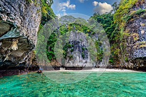The small Monkey beach in paradise Bay - about 5 minutes boat ride from the Ao Ton Sai Pier - Koh Phi Phi Don Island at Krabi, photo