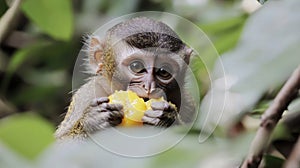 A small monkey eating a piece of fruit in the jungle, AI