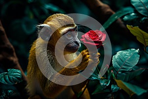 the small monkey has a red flower in its hand,