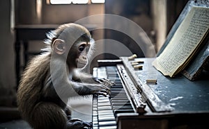 A small monkey playing piano in the old warehouse, side view in the morning, generative AI