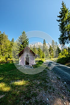 Small mountain church on Wilder Kaiser Mount hiking route. Tirol, Austria