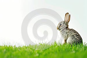 A small Mountain Cottontail rabbit is sitting in the green grass, looking up