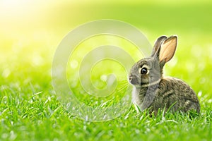 A small Mountain Cottontail is sitting in the grass, gazing at the camera