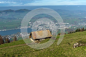 Small mountain house and Panoramic view to Lake Luzerne, Switzerland