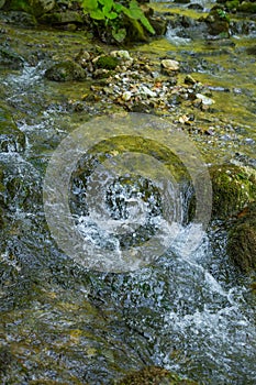 A small mountain river flowing through the mountain valley in Low Tatra region. Hiking trail along the mountain stream.