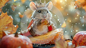 A small mouse adorned in a grand crown and royal robe, exuding regal elegance in its tiny form