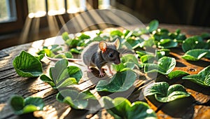 Adorable Mouse Among Green Leaves on Rustic Wood