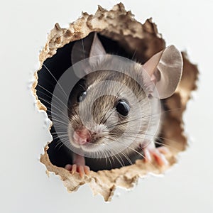 Small mouse peeks out of a gnawed hole in the wall close-up