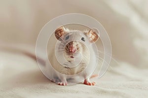 A small mouse sits on a white surface, looking curious and contemplative