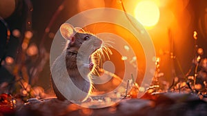 A small mouse sitting on the ground in front of a sunset, AI