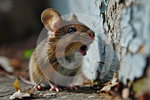 A small mouse sitting on the ground next to a wall, AI