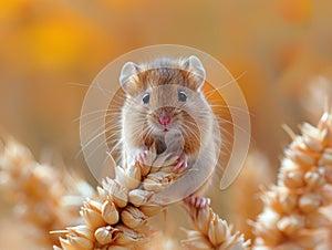 A small mouse is sitting on top of some wheat