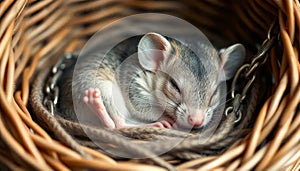Small mouse is sleeping in a nest made of twigs