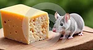 A small mouse standing on a wooden cutting board next to a piece of cheese.