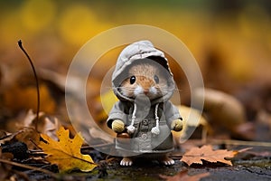 a small mouse wearing a hooded coat in the autumn leaves