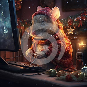 Small mouse in winter holiday scene. Created using ai generative.