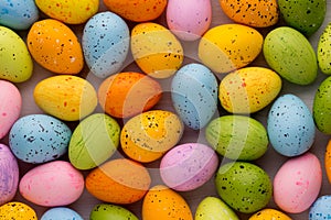 Small multicolored Easter eggs. Spring background.