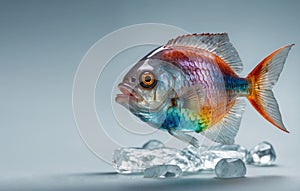 small multicolored fish trapped in an ice coffin floating in the void