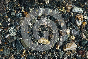 Small multicolored stones on the bank of a mountain stream with crystal clear glacial water. Top view.