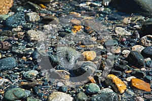 Small multicolored stones on the bank of a mountain stream with crystal clear glacial water. Top view.