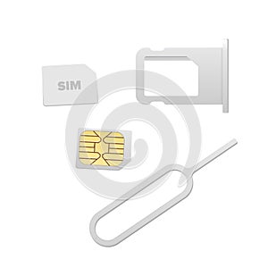 Small Nano Sim Card, Sim Card Tray and Eject Pin for Smartphone. Vector objects isolated on white. Realistic vector photo