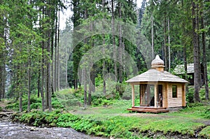 Small natural house, which is built of wood. The building is located in the forest